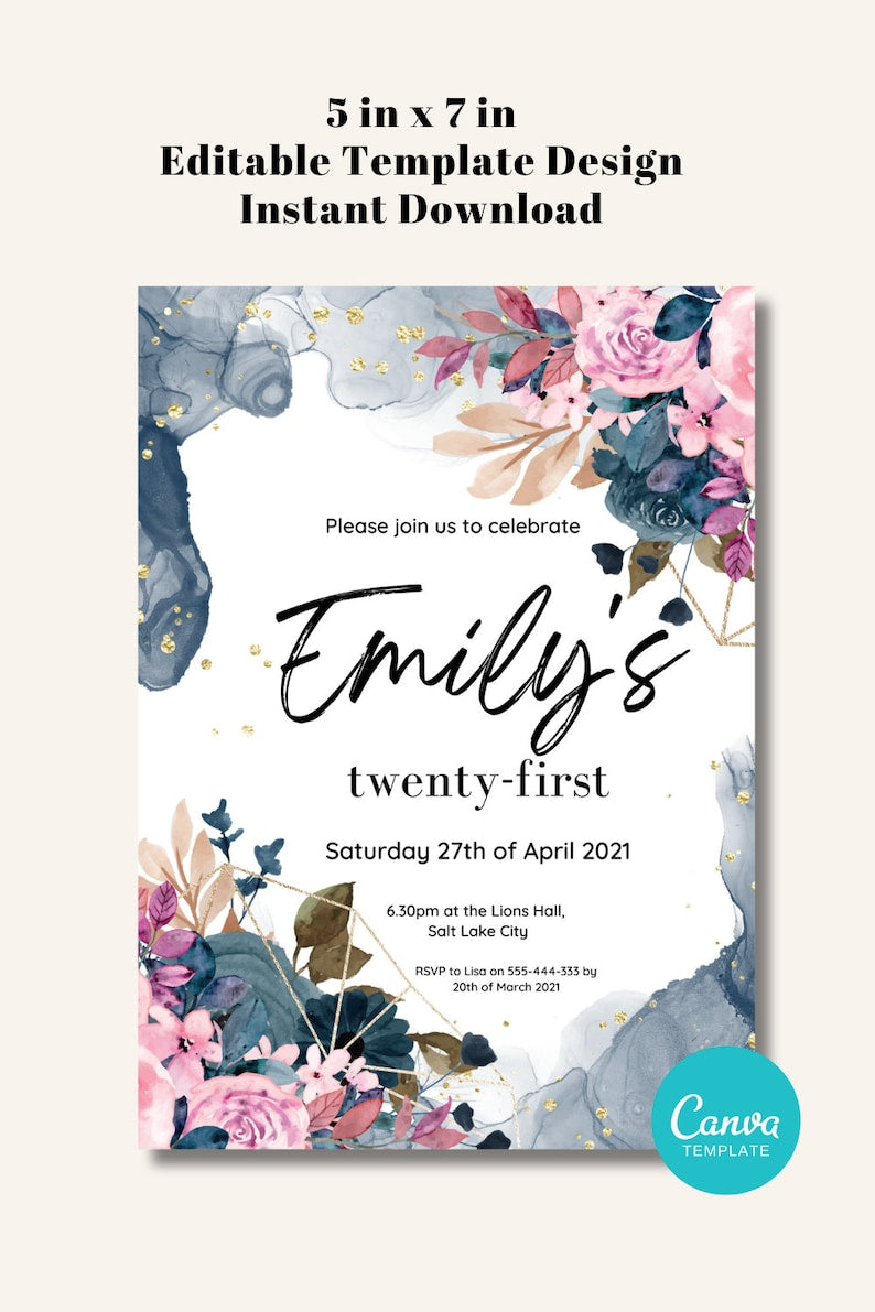 Navy Blue Watercolor Pink Editable Birthday/Party Invitation #3101 - PeppaTree Designs