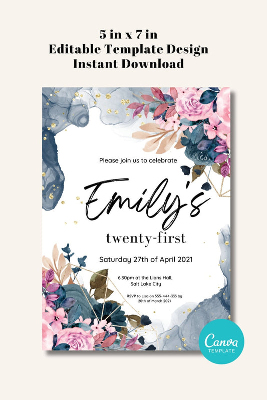 Navy Blue Watercolor Pink Editable Birthday/Party Invitation #3101 - PeppaTree Designs