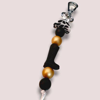 Cowboy Boot and Hat Beaded Keychain | Black Gold and White Keyring - PeppaTree Design Store