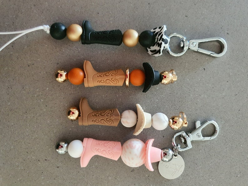 Cowboy Boot and Hat Beaded Bar Keychain | Tan and Black Keychain - PeppaTree Design Store