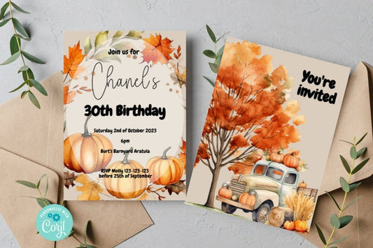 Fall Autumn Truck Watercolor Birthday Invitation - PeppaTree Designs