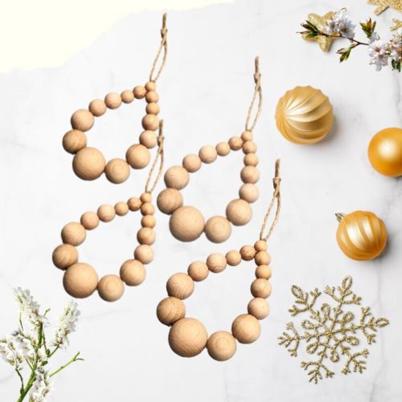 Wood bead Christmas Tree Teardrop Decorations Set Of 4