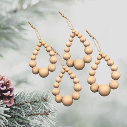 Wood bead Christmas Tree Teardrop Decorations Set Of 4