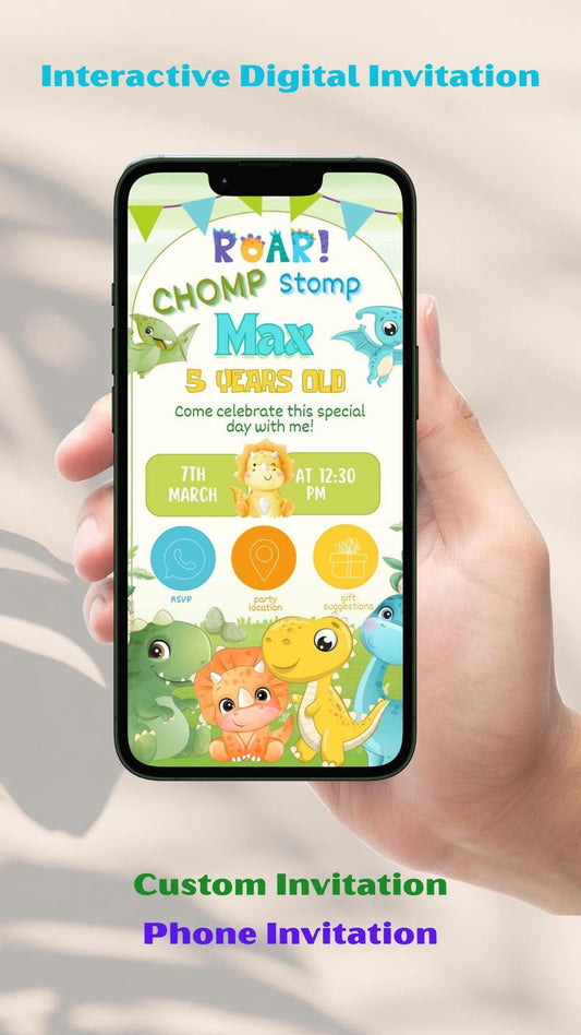 Dinosaur Interactive Electronic Phone Invitation - PeppaTree Designs