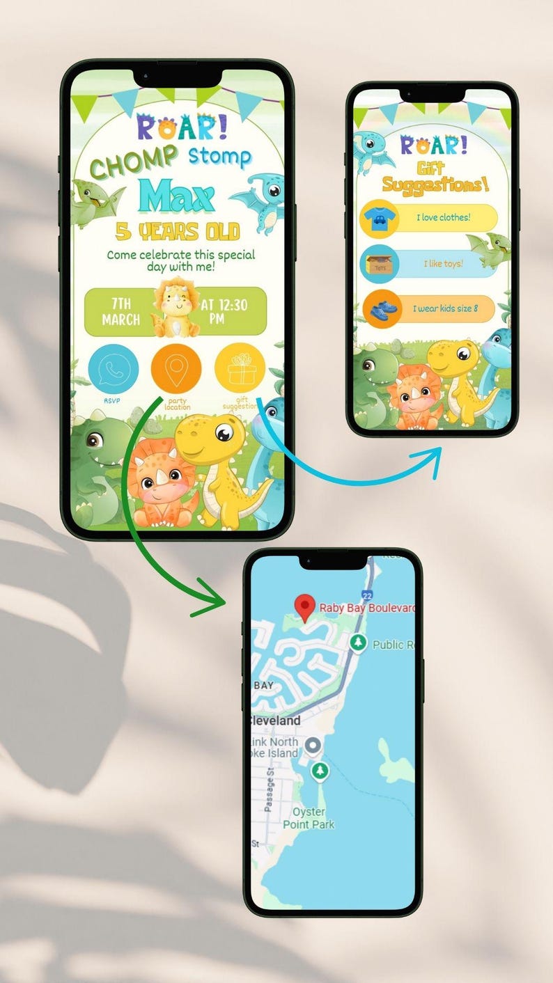 Dinosaur Interactive Electronic Phone Invitation - PeppaTree Designs