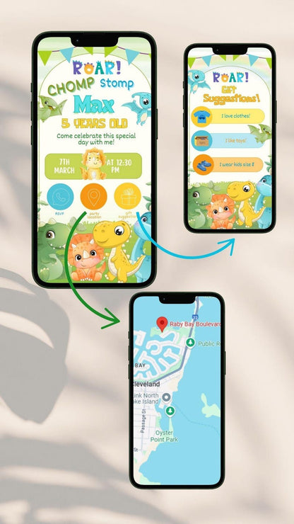 Dinosaur Interactive Electronic Phone Invitation - PeppaTree Designs