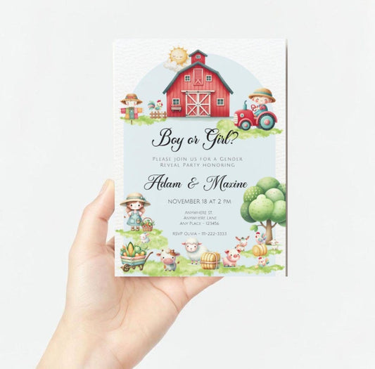 Farm Girl and Boy Themed Gender Reveal Invitation - PeppaTree Designs