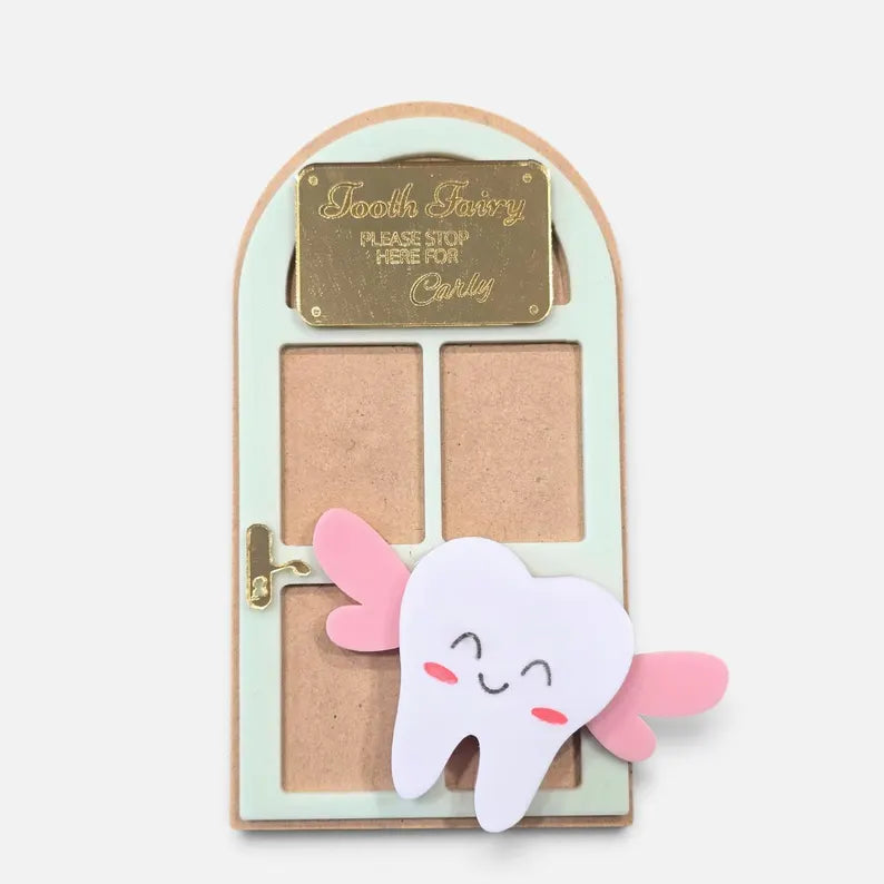 PeppaTree Designs Tooth Fairy Name Sign keychain with colorful, engraved design for children.