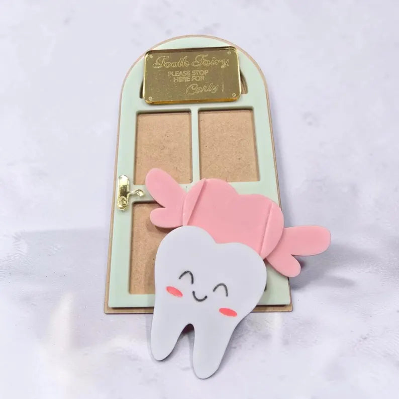 Personalized PeppaTree Designs Tooth Fairy Door for kids, colorful kids decor keepsake with fairy-themed design.
