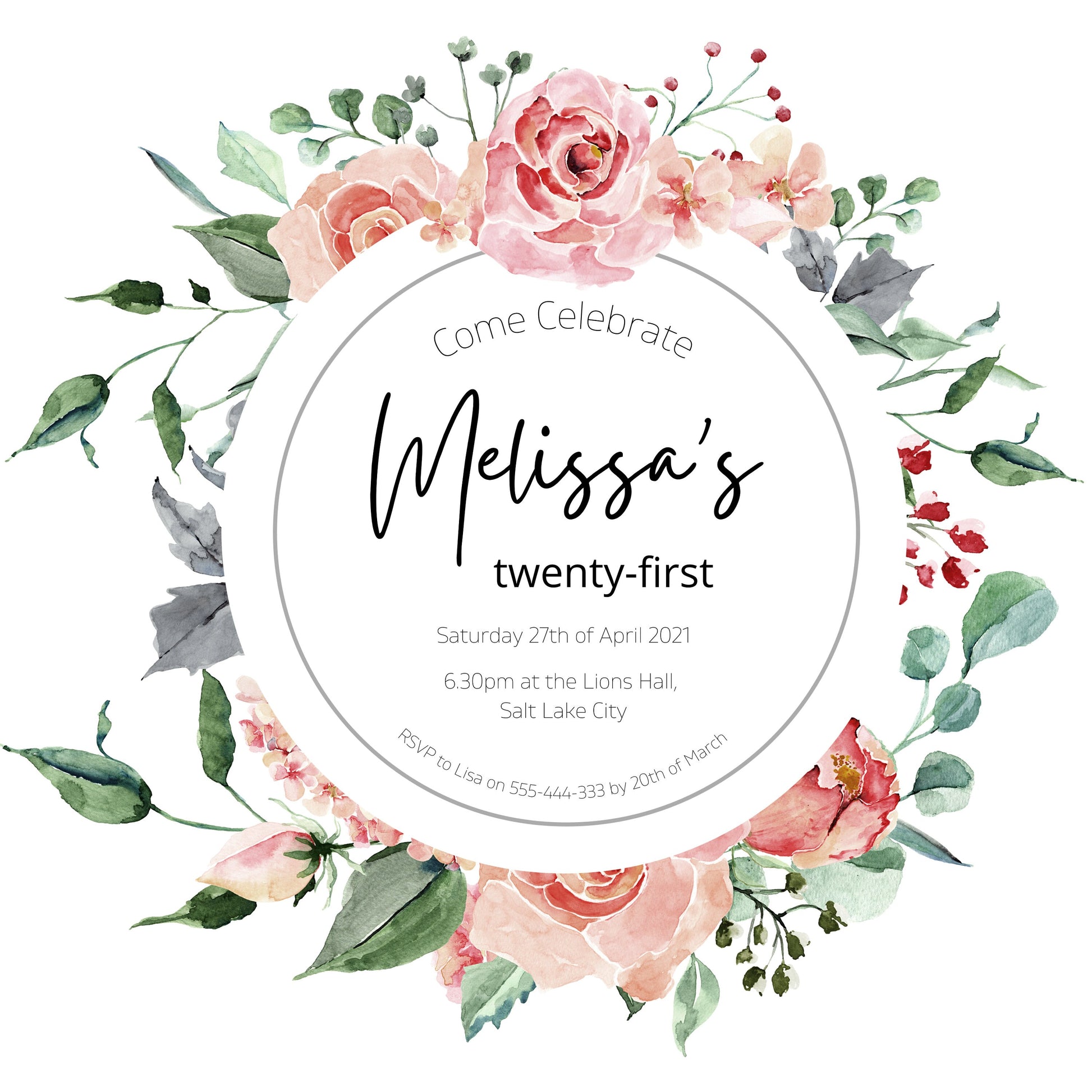 Pink Rose and Creme Floral 21st Birthday Invitation Template - PeppaTree Designs