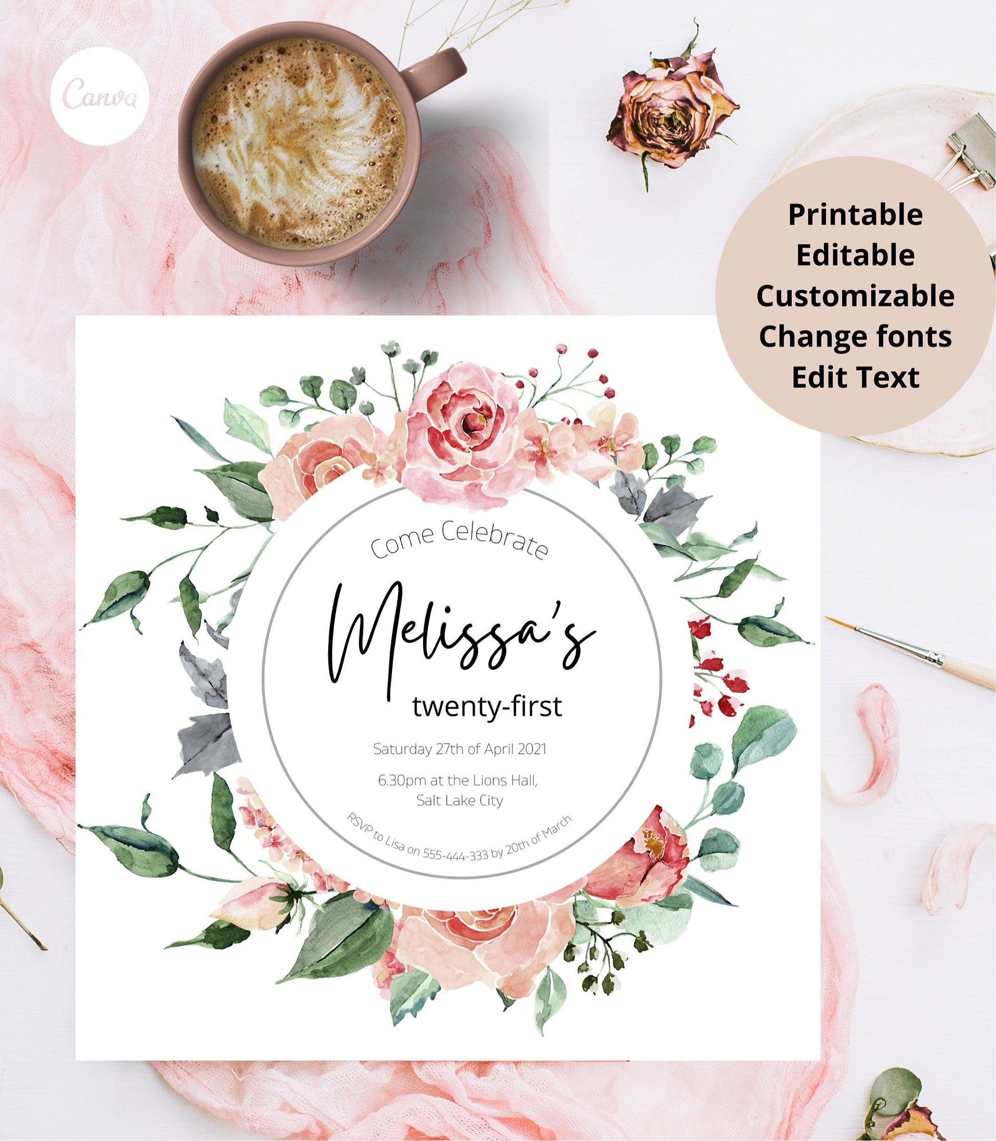 Pink Rose and Creme Floral 21st Birthday Invitation Template - PeppaTree Designs