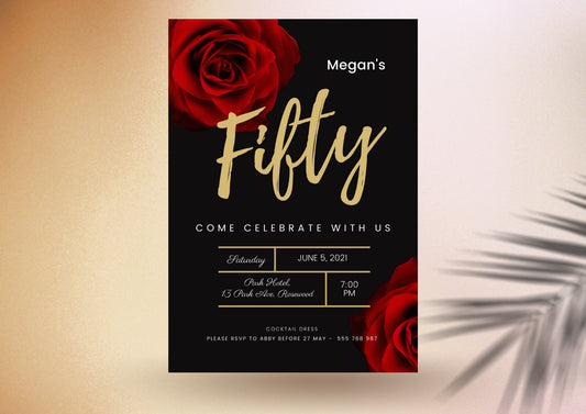 Red Black Gold 50th Birthday Party Invitation, Any Age Celebration #11Q - PeppaTree Designs