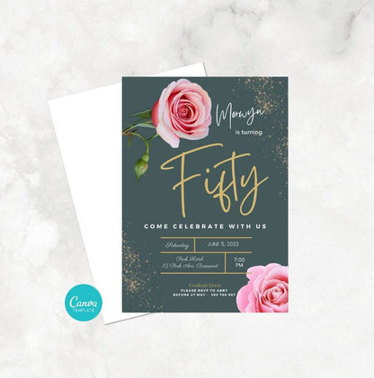 pink roses birthday invitation template - PeppaTree Designs