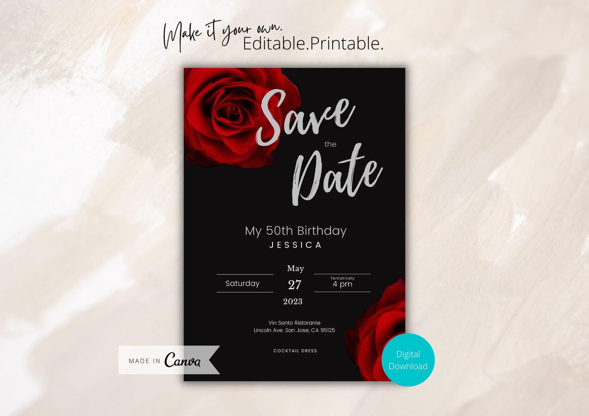 Digital Save The Date party invitation featuring red, black, and silver design by PeppaTree Designs.