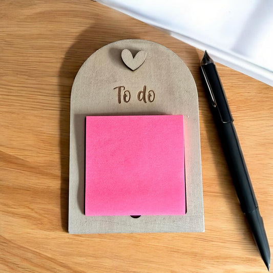 PeppaTree Designs boho arch sticky note holder with colorful Post-it notes, perfect for office or teacher desk organization.
