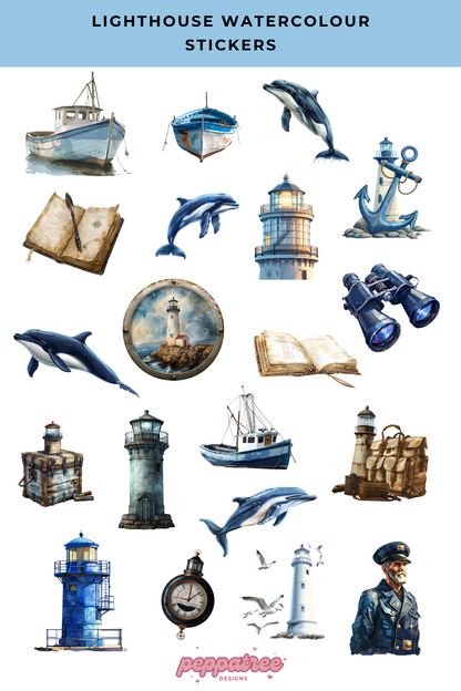 Watercolour Lighthouse Planner Stickers | Nautical Stickers | Coastal Lighthouse | S-001