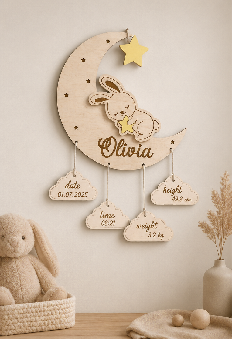 Wooden wall decoration with a rabbit and moon design, featuring personalized baby information, in a nursery setting.