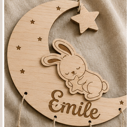 Wooden baby milestone sign with rabbit design and customizable details on a neutral background.