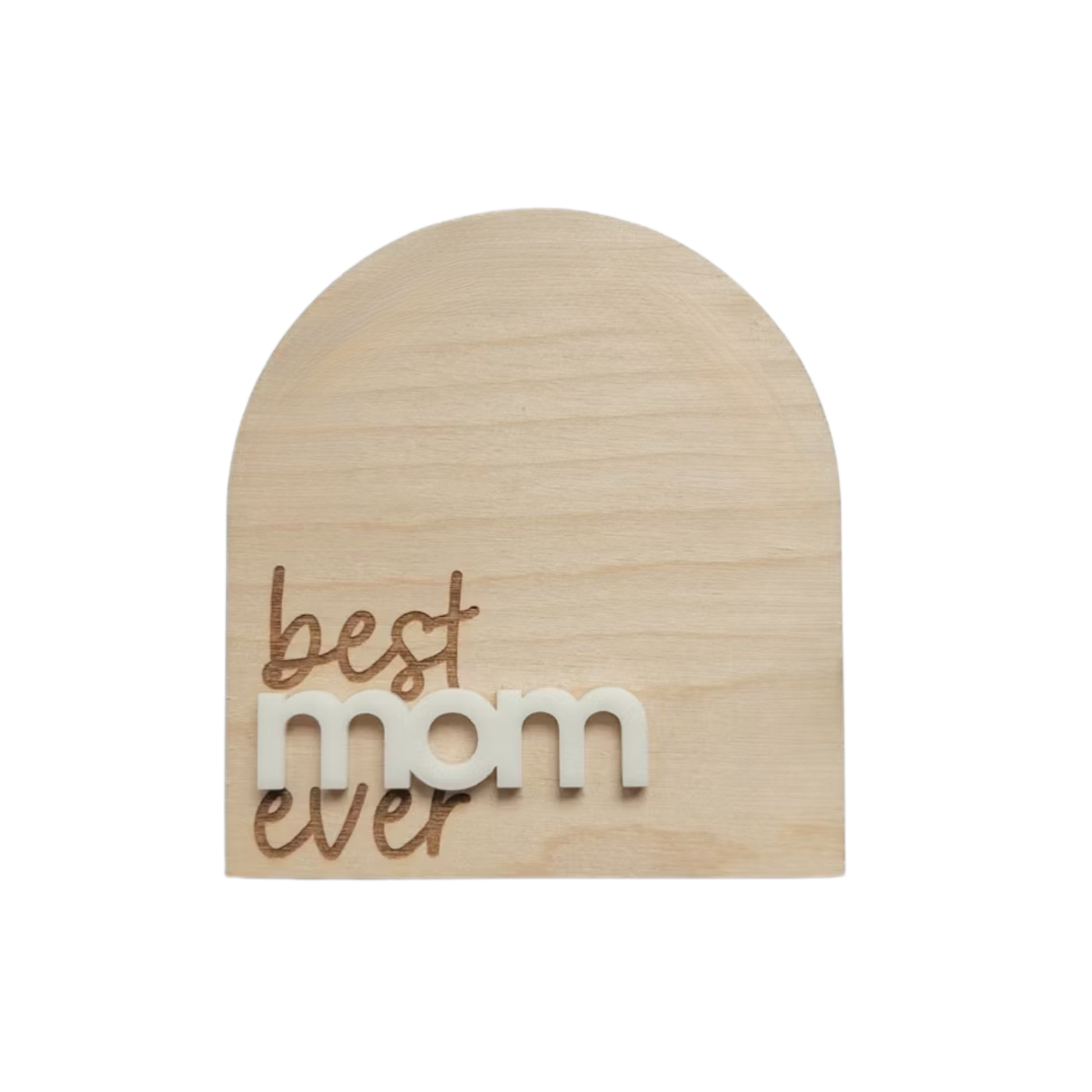 PeppaTree Designs Best MOM Ever arch-shaped wooden sign with stand, ideal for home decor celebrating mothers.