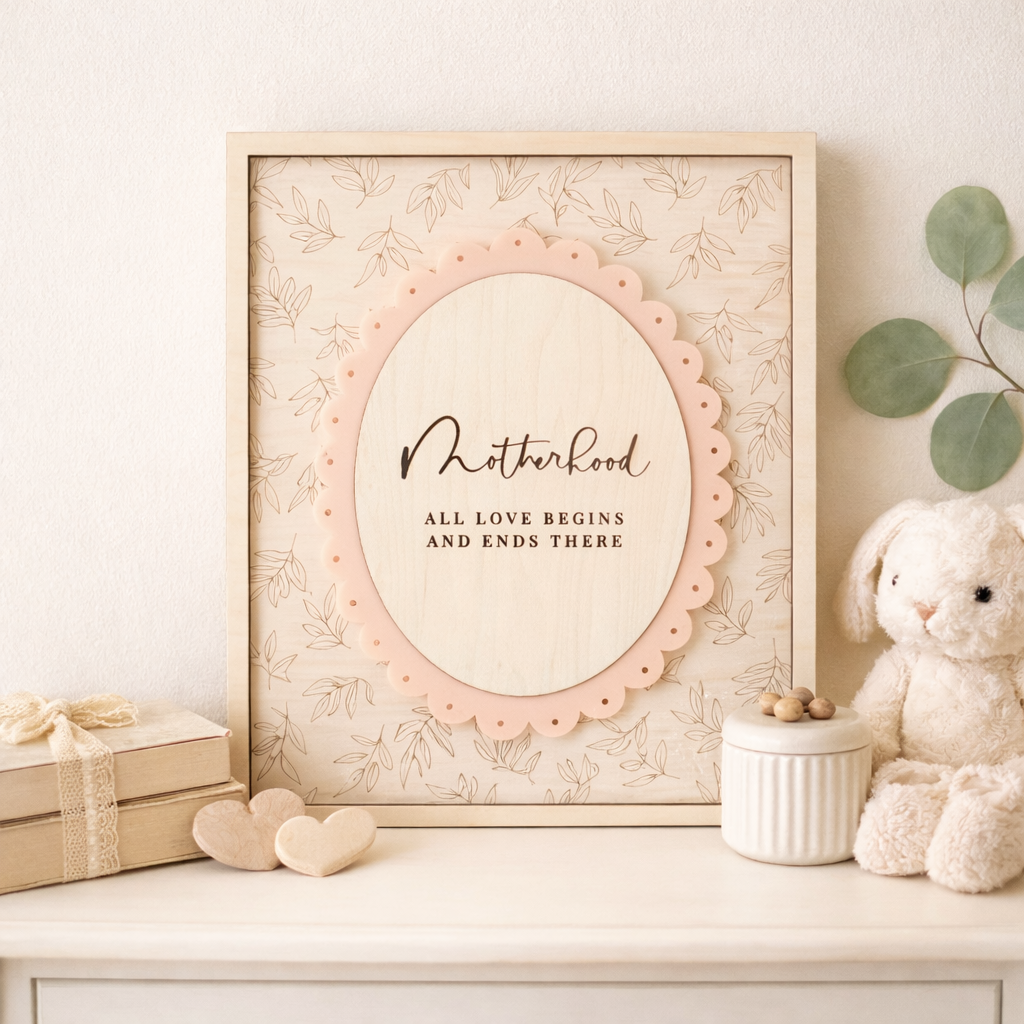 Motherhood Wall Sign Plaque by PeppaTree Designs featuring engraved message for wall decor, ideal for home or nursery decor.