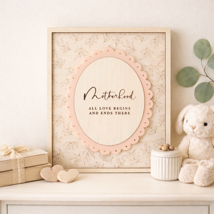 Motherhood Wall Sign Plaque by PeppaTree Designs featuring engraved message for wall decor, ideal for home or nursery decor.