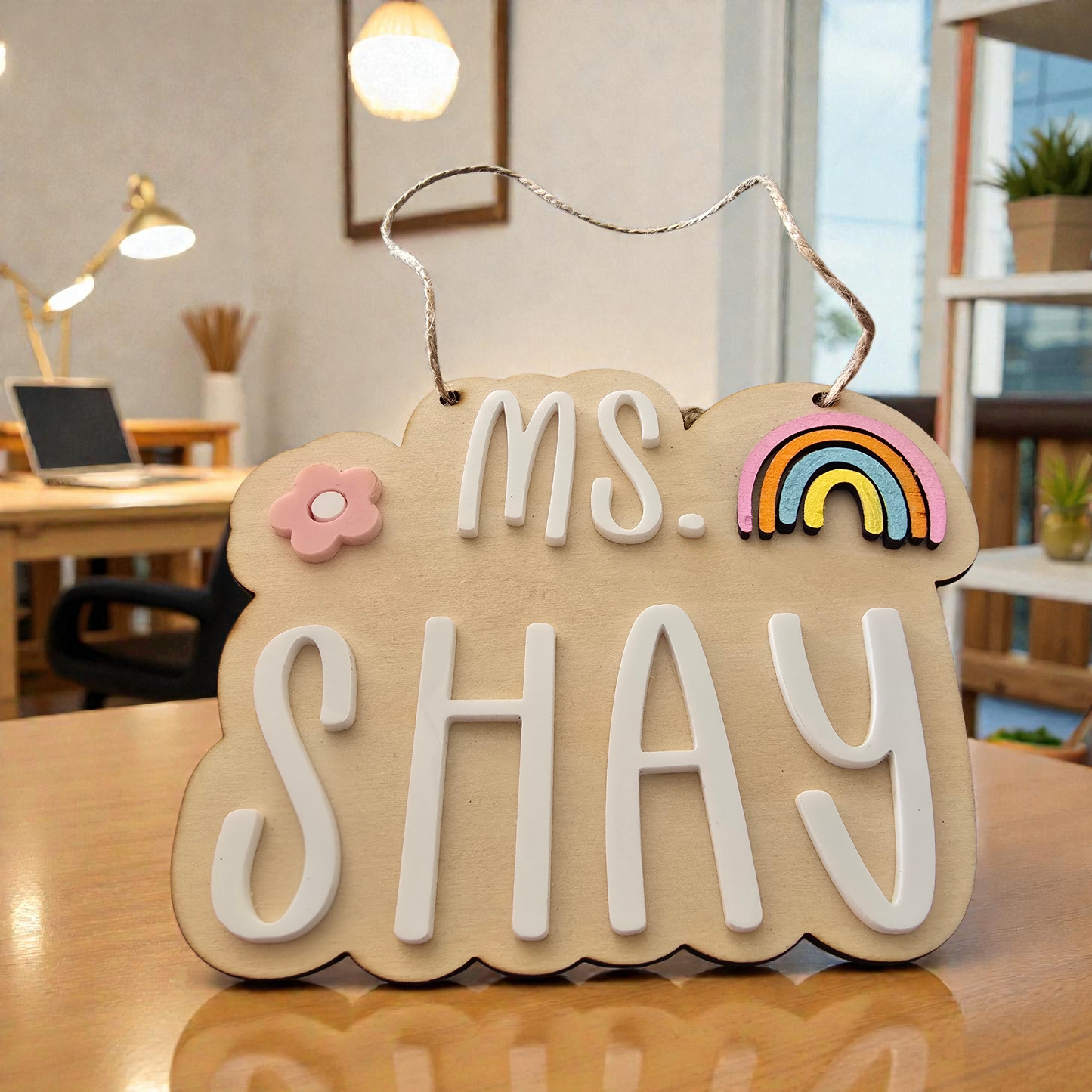 personalised teacher name sign daisy rainbow classroom door decor