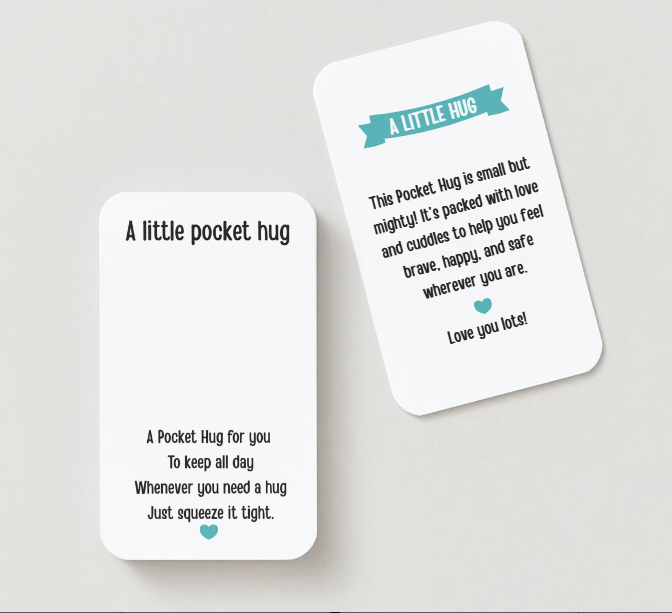 Two cards with text and a blue heart on a light gray background