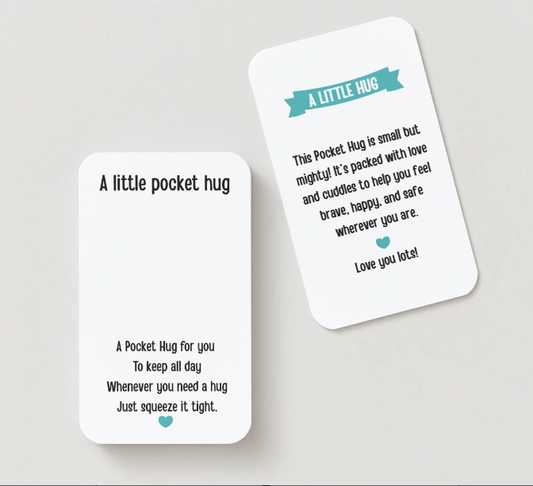 Two cards with text and a blue heart on a light gray background