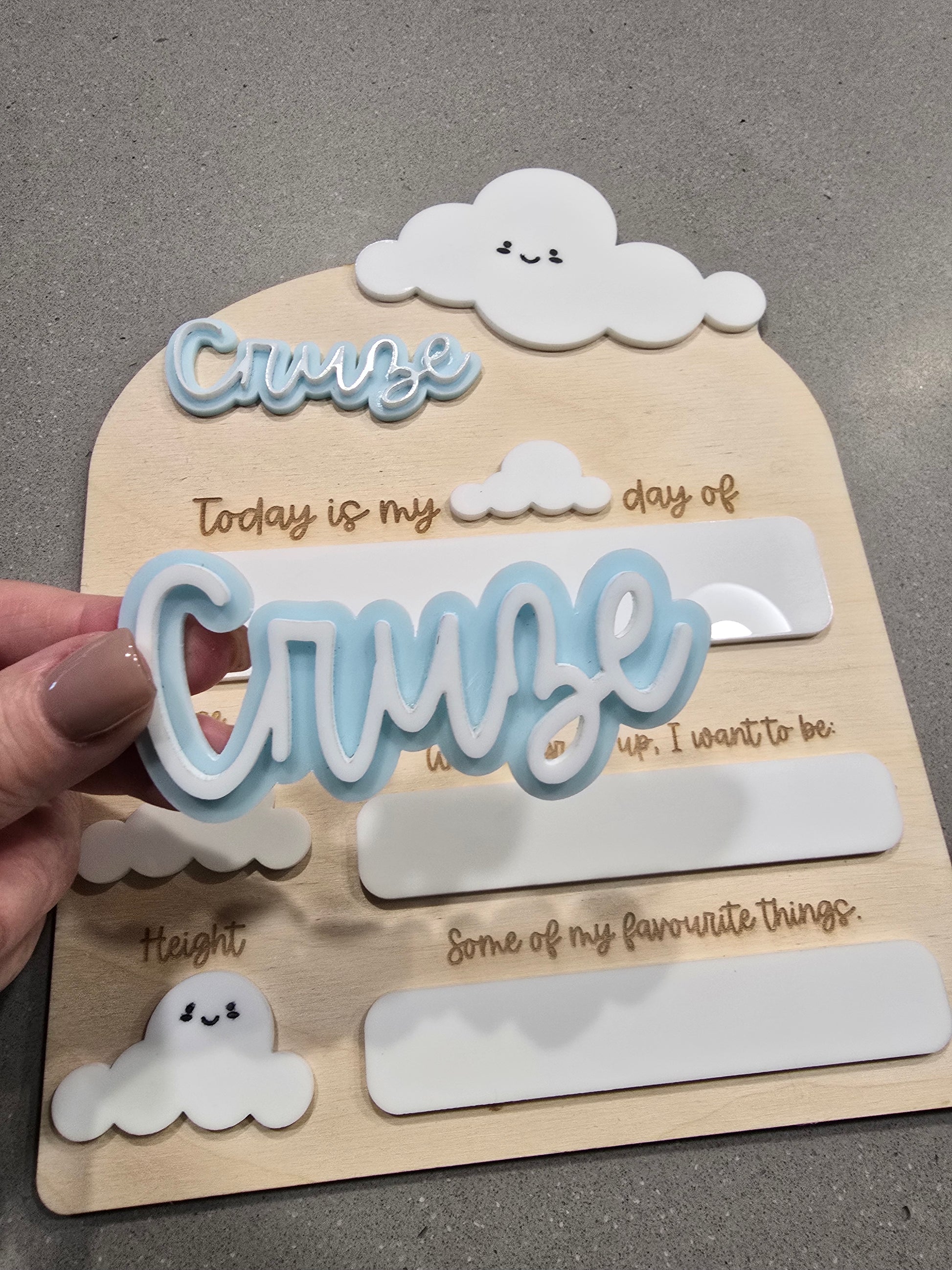Decorative acrylic name plaque from PeppaTree Designs, featuring clear detailed lettering for custom signs and name displays.