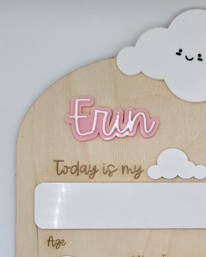 Children's activity sheet with cloud design and text on a plain background