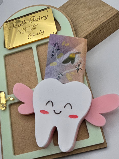 Custom Tooth Fairy Door Name Sign keychain by PeppaTree Designs, featuring a small decorative sign for children's tooth fairy doors.