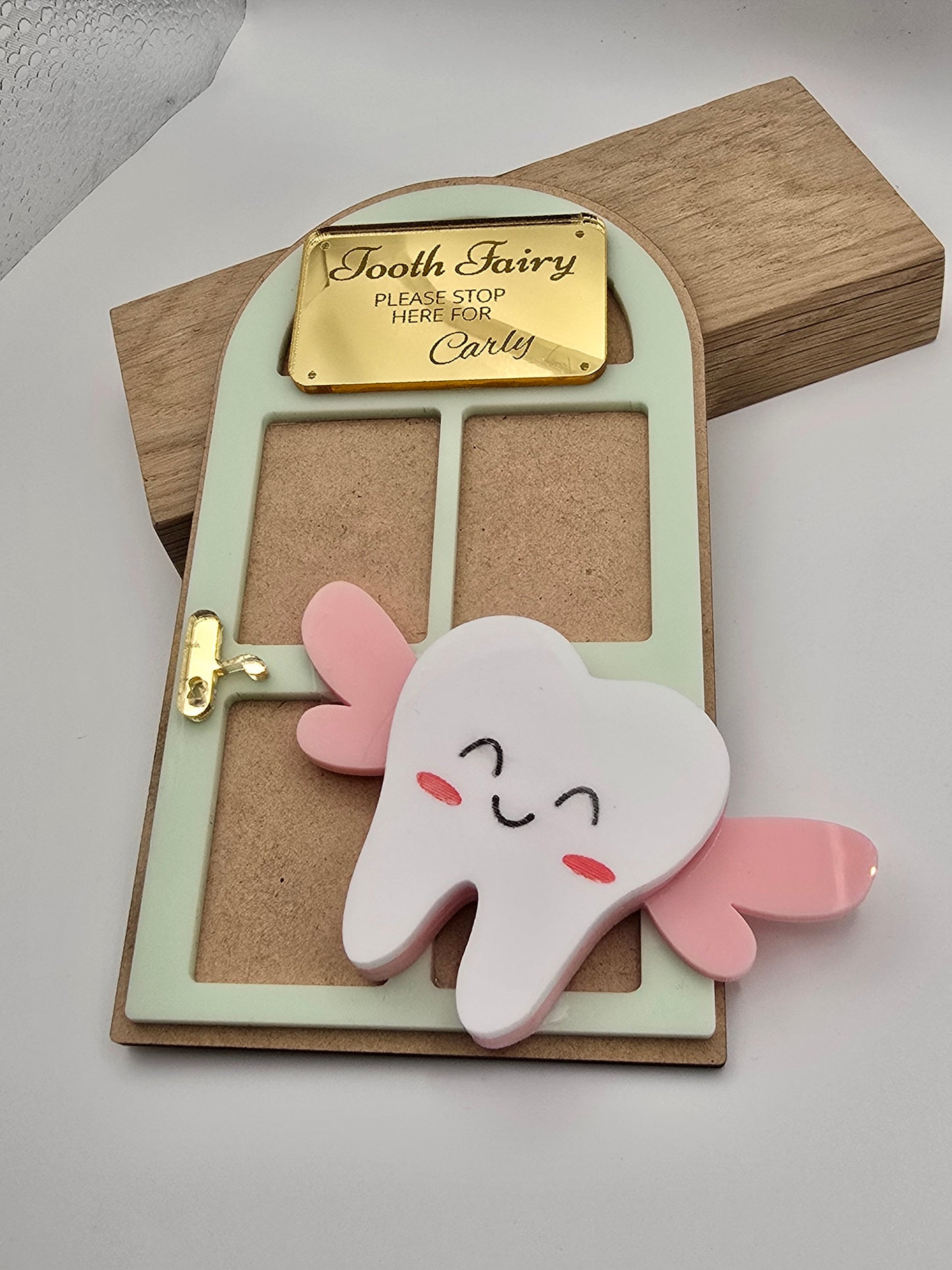 Custom Tooth Fairy Door Name Sign keychain by PeppaTree Designs, featuring a personalized name tag for fairy door decoration.