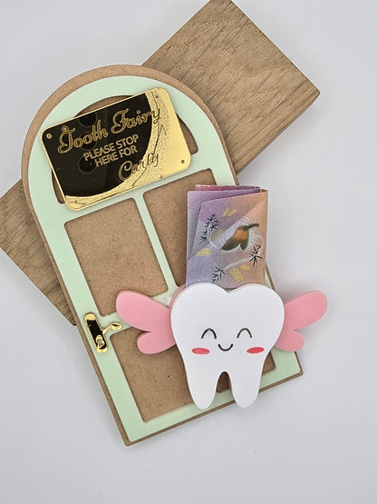 Custom Tooth Fairy Door Name Sign keychain by PeppaTree Designs, featuring a charming design to hang on a tooth fairy door.