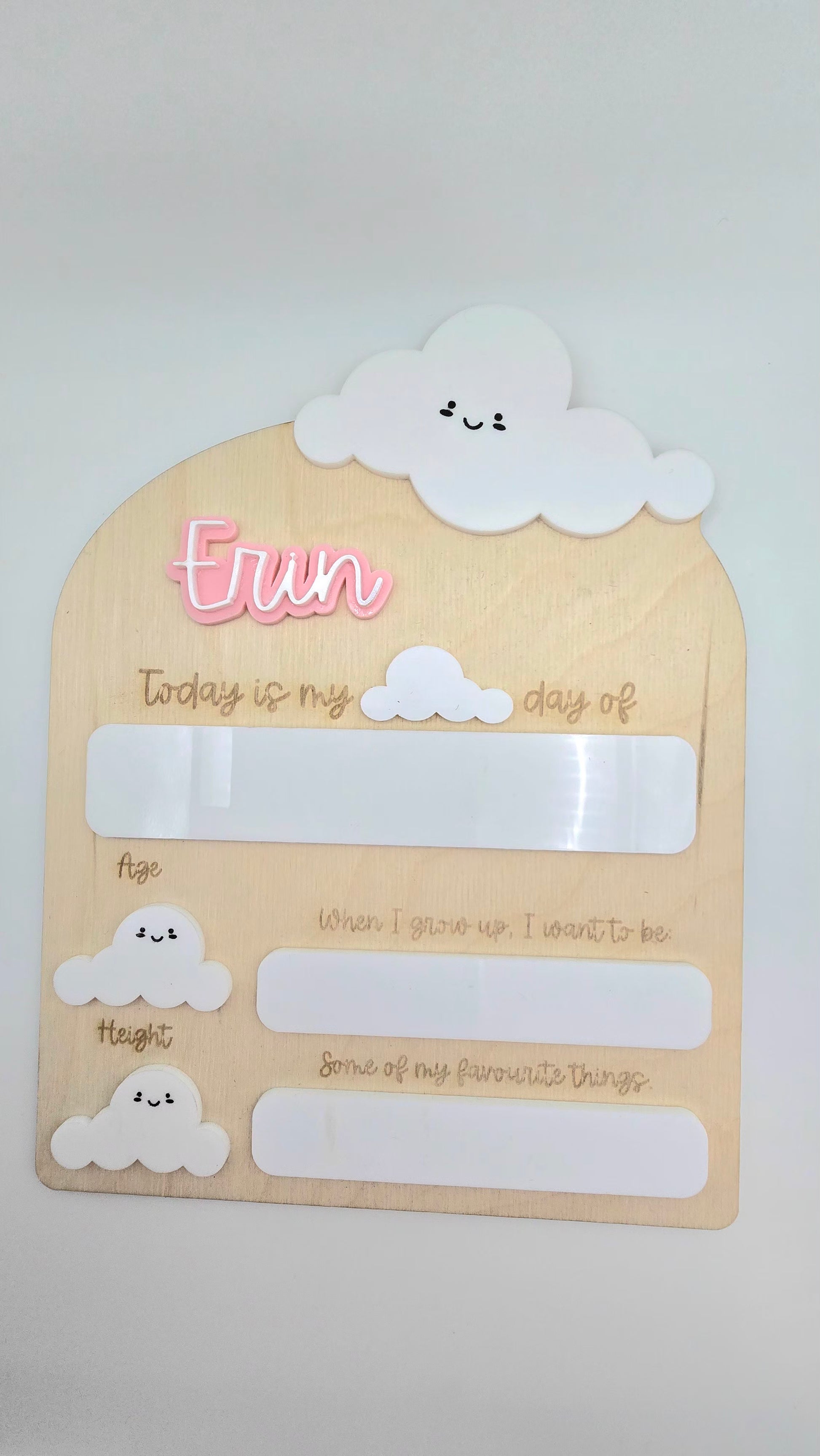 Children's birthday card with cloud design and text on a white background