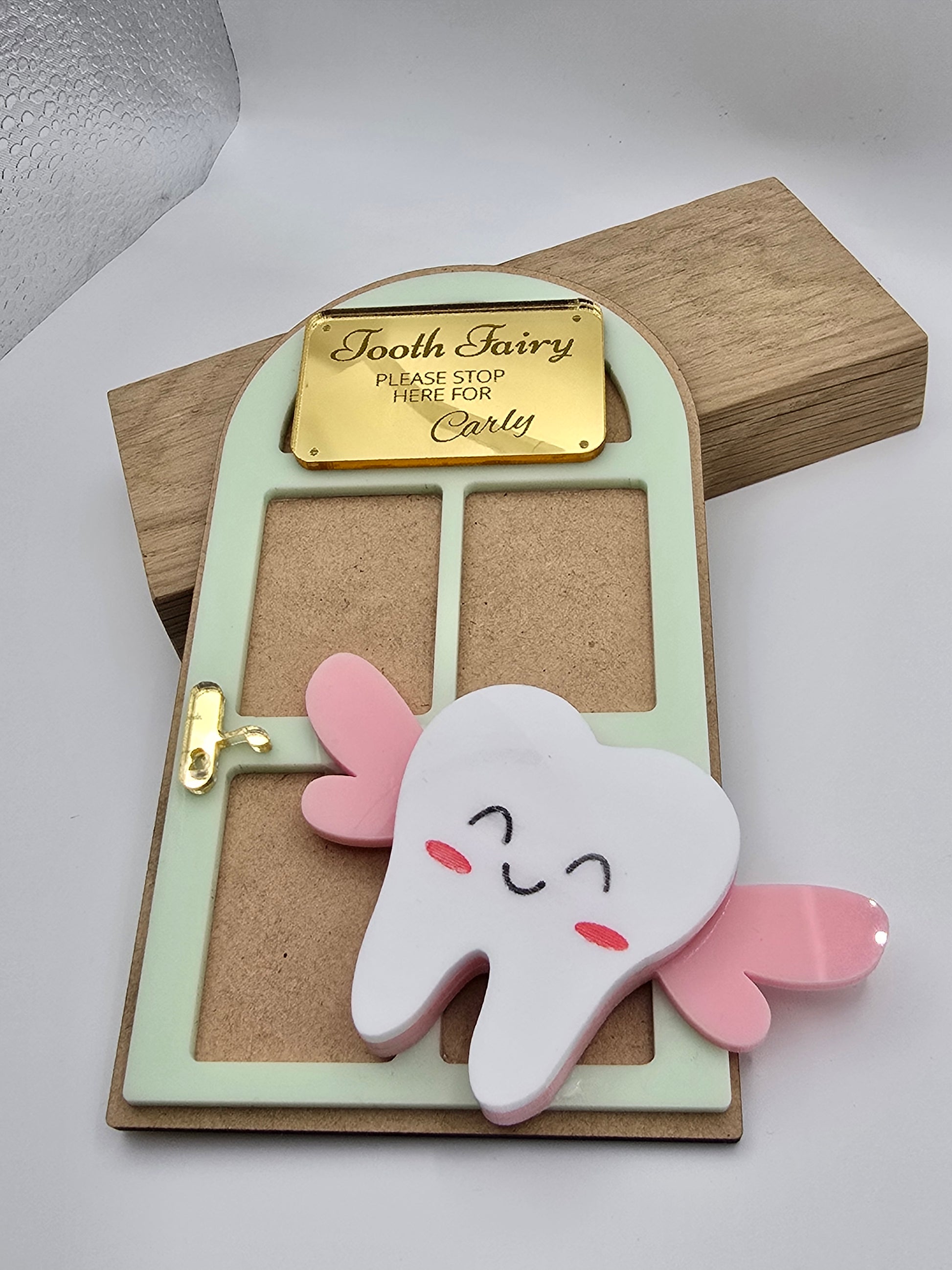 Custom Tooth Fairy Door Name Sign keychain by PeppaTree Designs, featuring a small decorative sign for tooth fairy doors.
