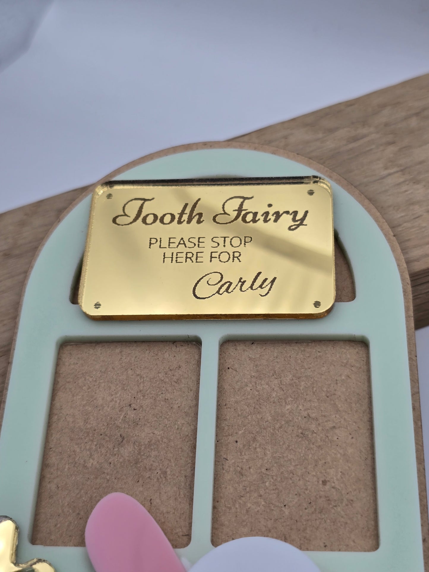 Custom Tooth Fairy Door Name Sign keychain by PeppaTree Designs, featuring a personalized name tag for a tooth fairy door.