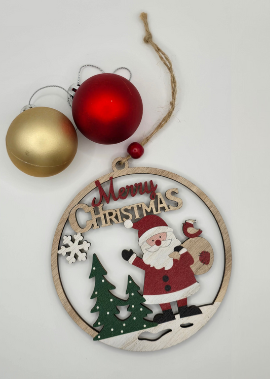 Christmas ornament with Santa Claus design and 'Merry Christmas' text on a white background.