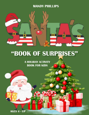 Book cover of 'Santa's Book of Surprises' with Santa Claus, reindeer, and Christmas tree on a green background.