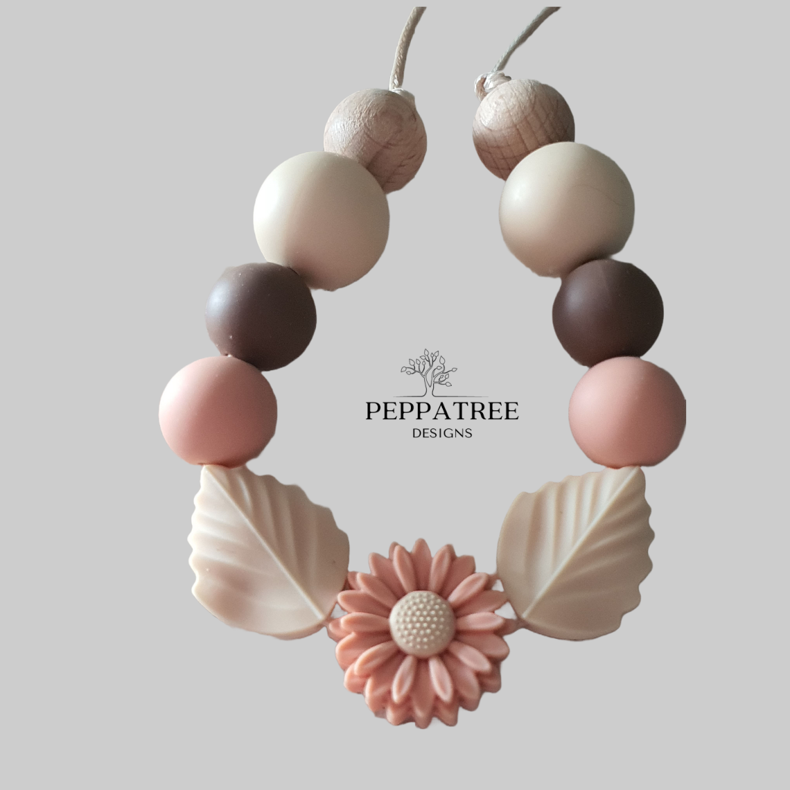 Daisy and Leaf Silicone Bead Necklace in Cream, Peach and Cocoa Brown | Handmade Necklace - PeppaTree Design Store
