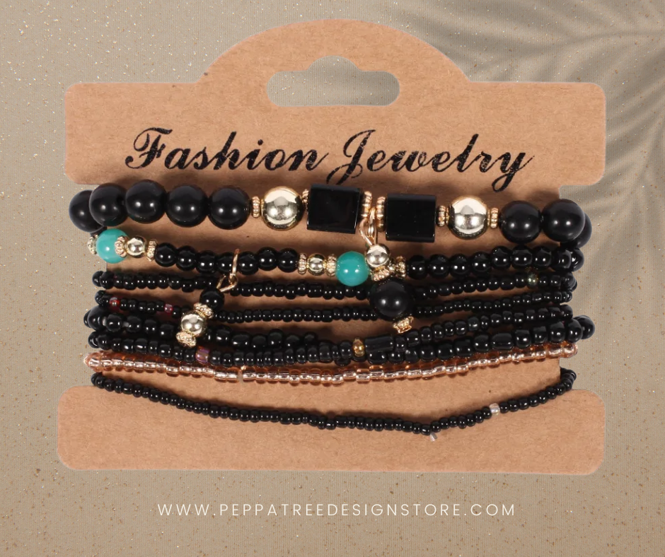 Black Square Beaded Bracelet Set | Boho Bracelet Set - PeppaTree Design Store