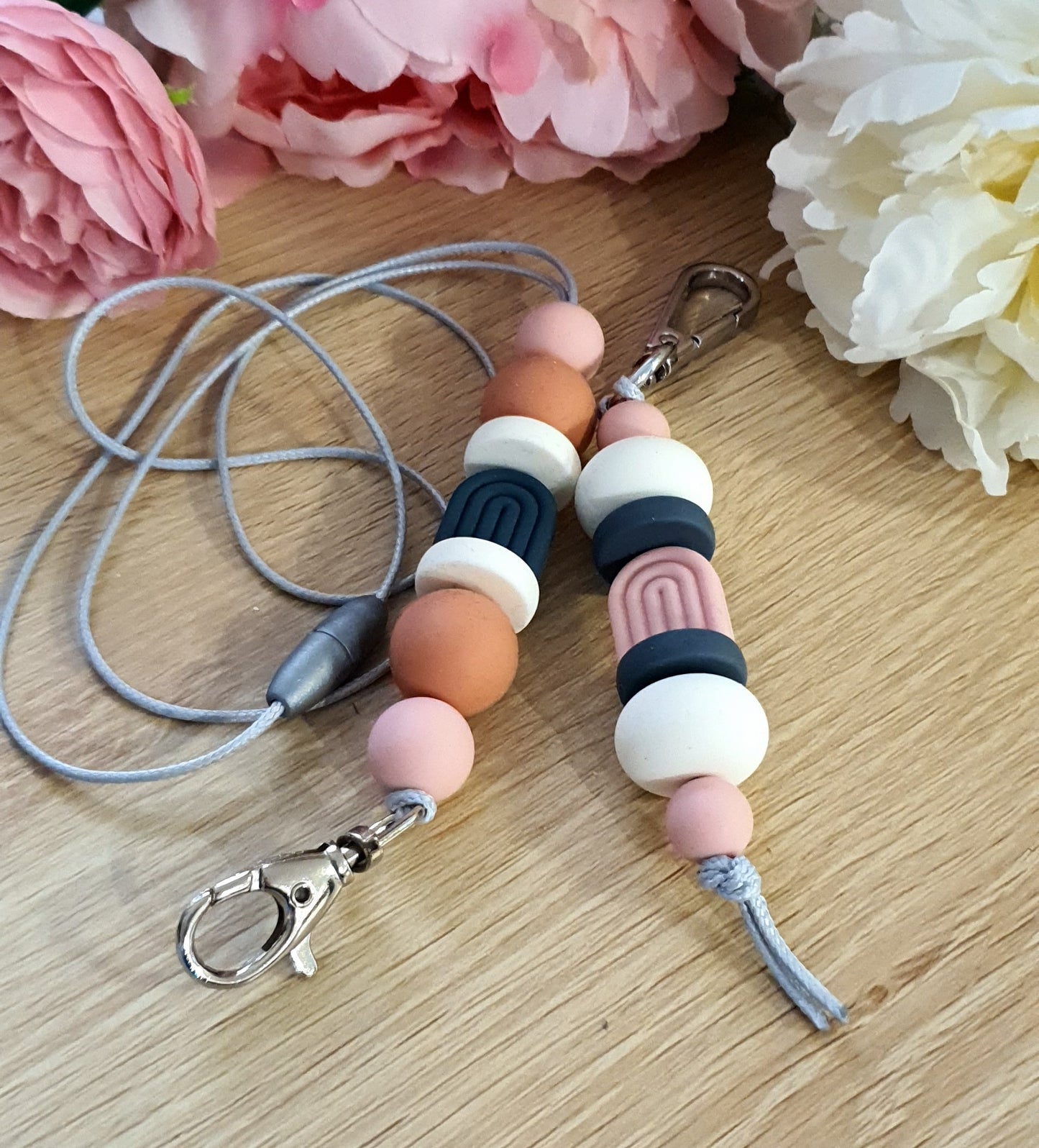 Boho Arch in Baby Pink Dusky Rose Clay Storm Blue White | Handmade Keyring or Lanyard - PeppaTree Design Store