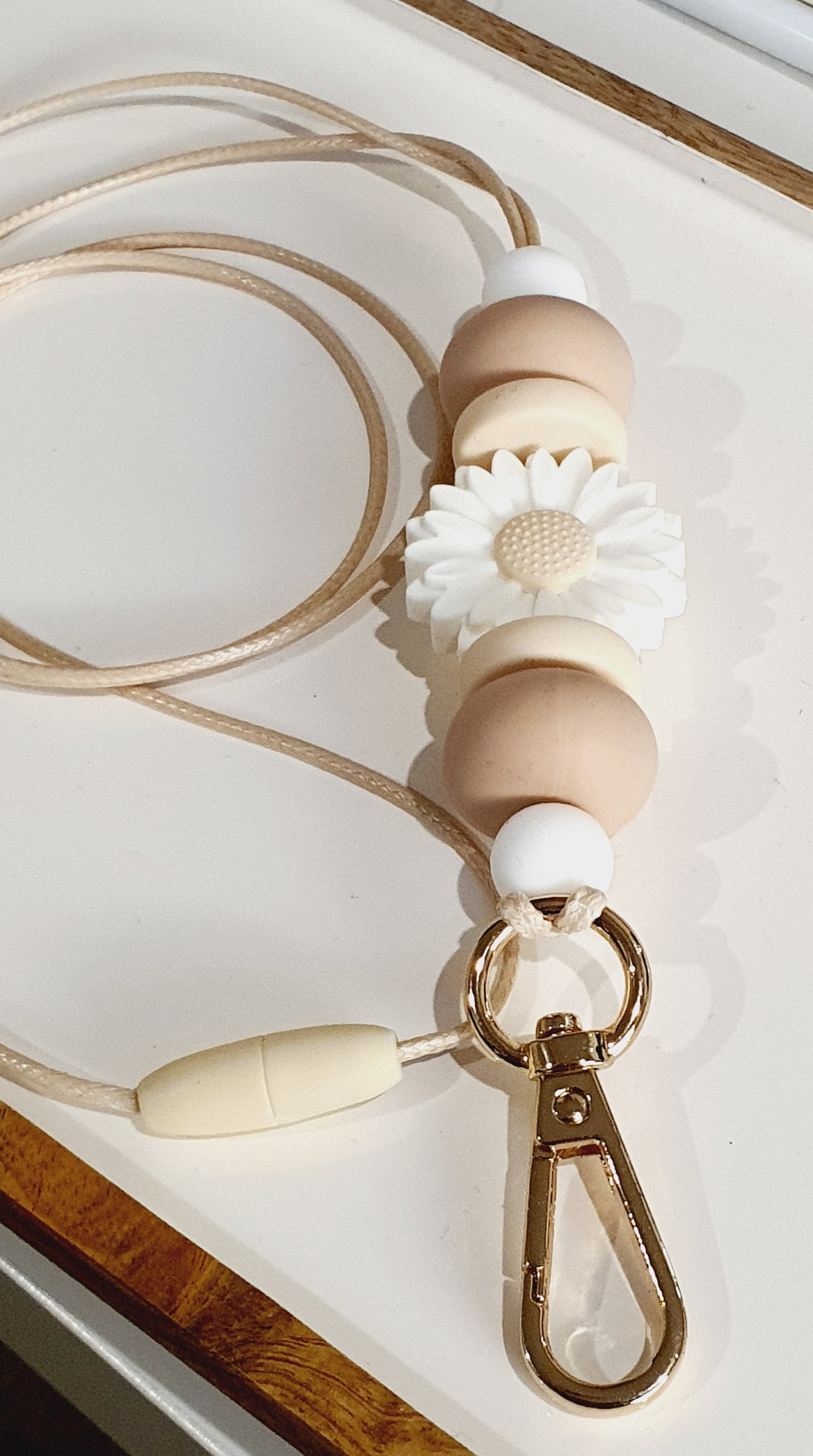 Daisy Teacher Lanyard | Nude White Tones Silicone Beaded Lanyard | Boho Design - PeppaTree Design Store