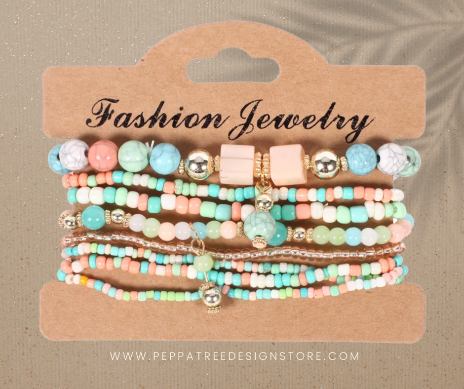 Boho Beaded Bracelet Set 8 piece | Aqua Light Pink Light Green - PeppaTree Design Store