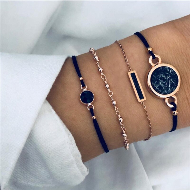 Bohemian Black Onyx  and Gold Bead Bracelet Set | Chic Style Set - PeppaTree Design Store