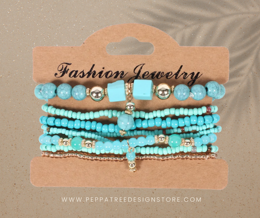 Ocean Light Blue Boho Beaded Bracelet Set | Boho Chic Stackable Bracelet Set - PeppaTree Design Store