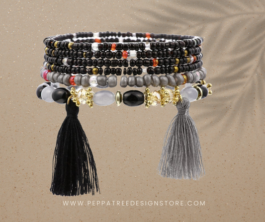 Tassel Black Grey Beach Boho Beaded Bracelet | Boho Chic Beach Style - PeppaTree Design Store