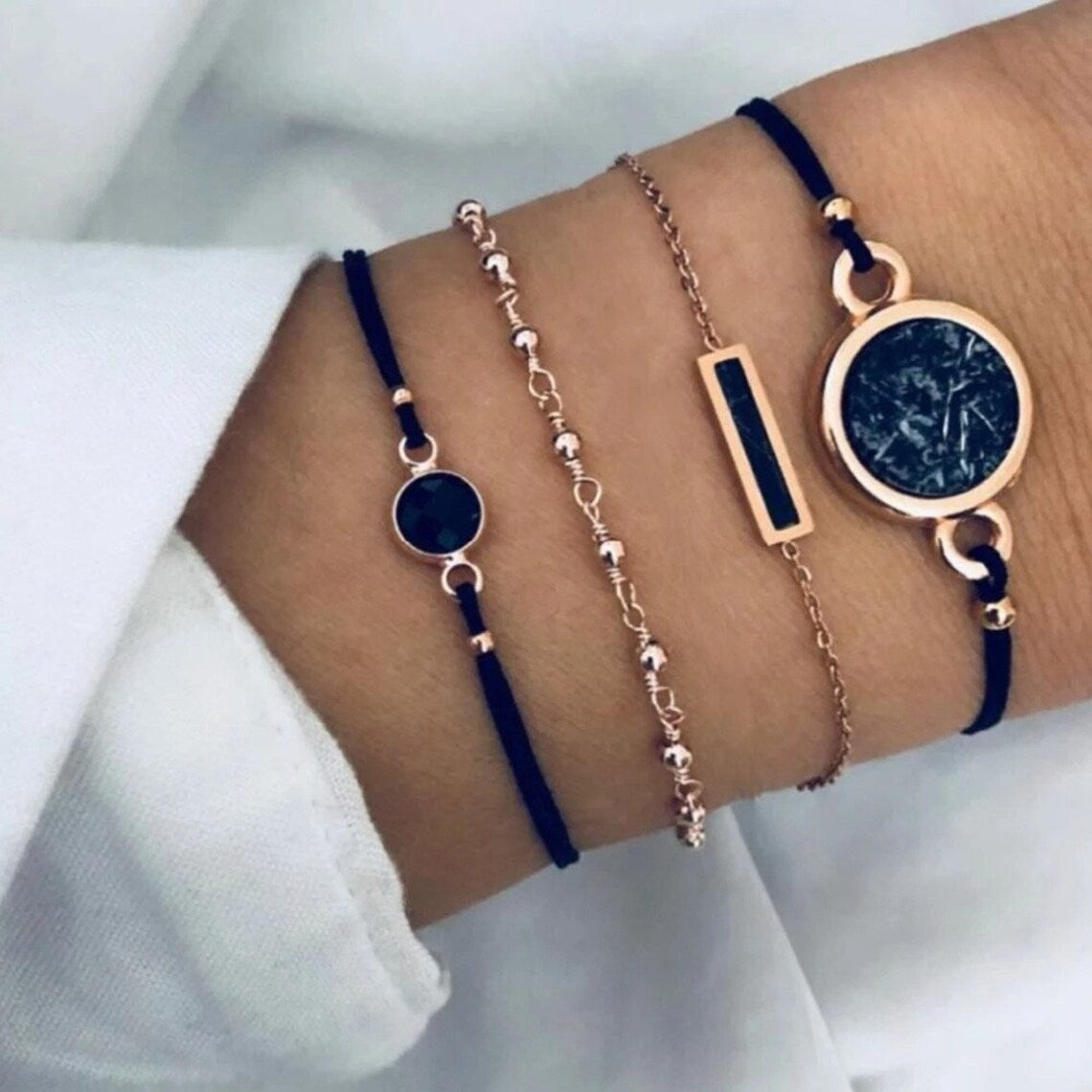 Bohemian Black Onyx  and Gold Bead Bracelet Set | Chic Style Set - PeppaTree Design Store