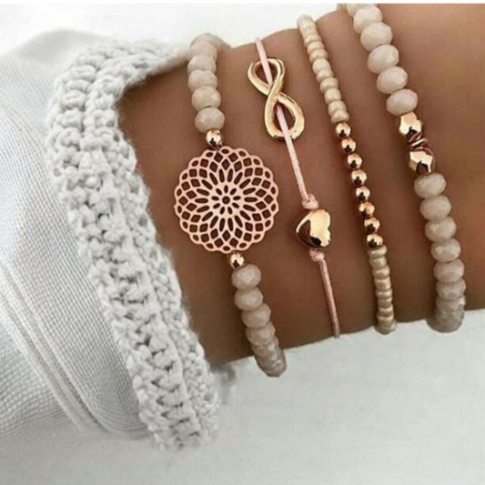 Gold Eternity Love Heart Bohemian Natural Stone Bead Bracelet Set | Chic Tropical Style Set - PeppaTree Design Store