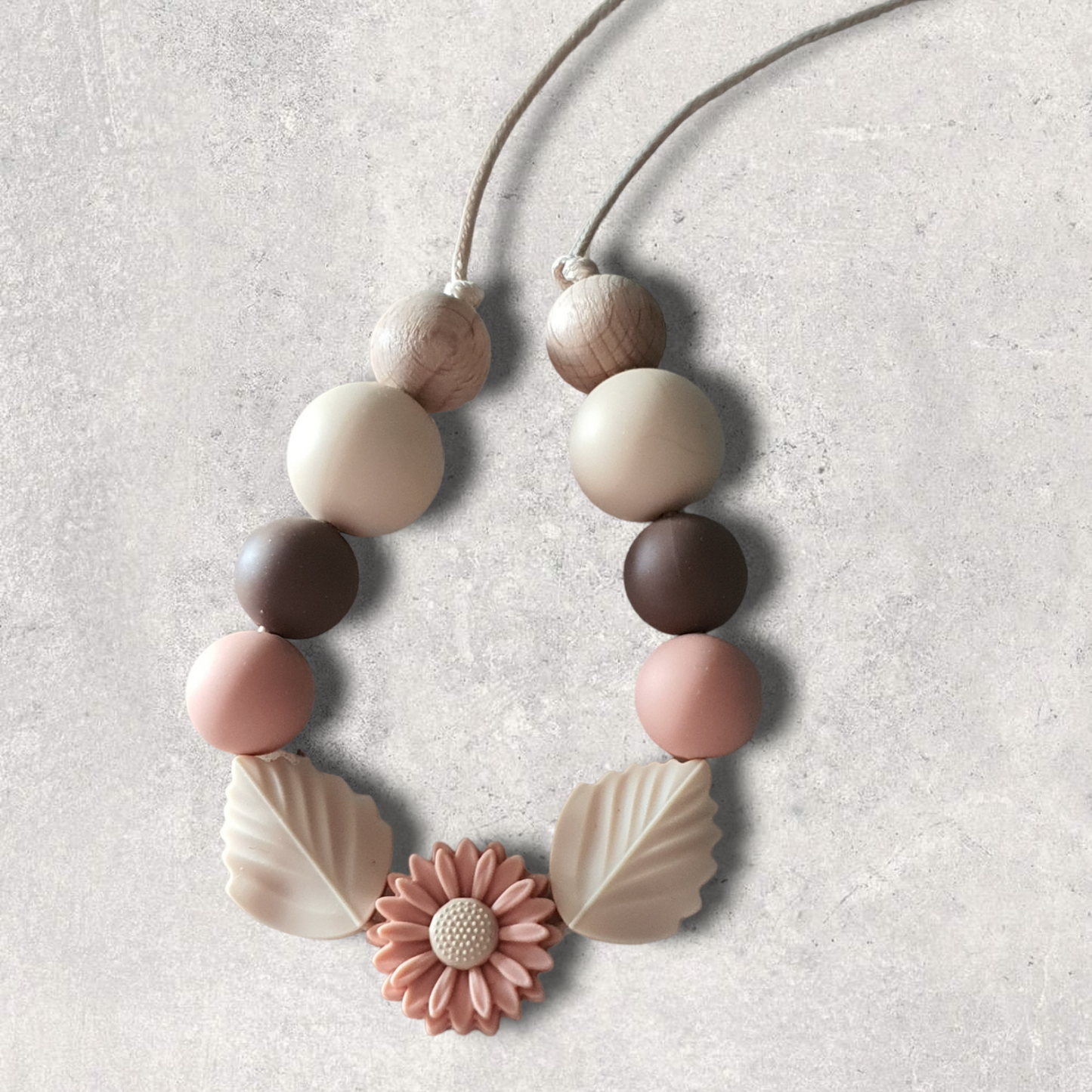 Daisy and Leaf Silicone Bead Necklace in Cream, Peach and Cocoa Brown | Handmade Necklace - PeppaTree Design Store