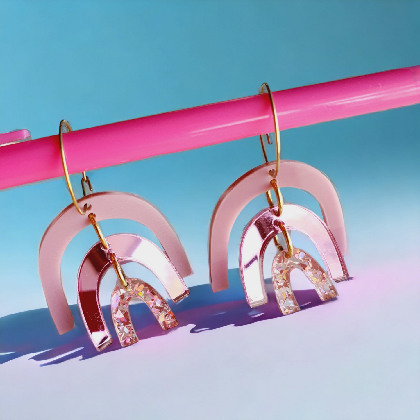 Rainbow Acrylic Earrings "Pink Lemonade" Dangle Earrings - PeppaTree Design Store
